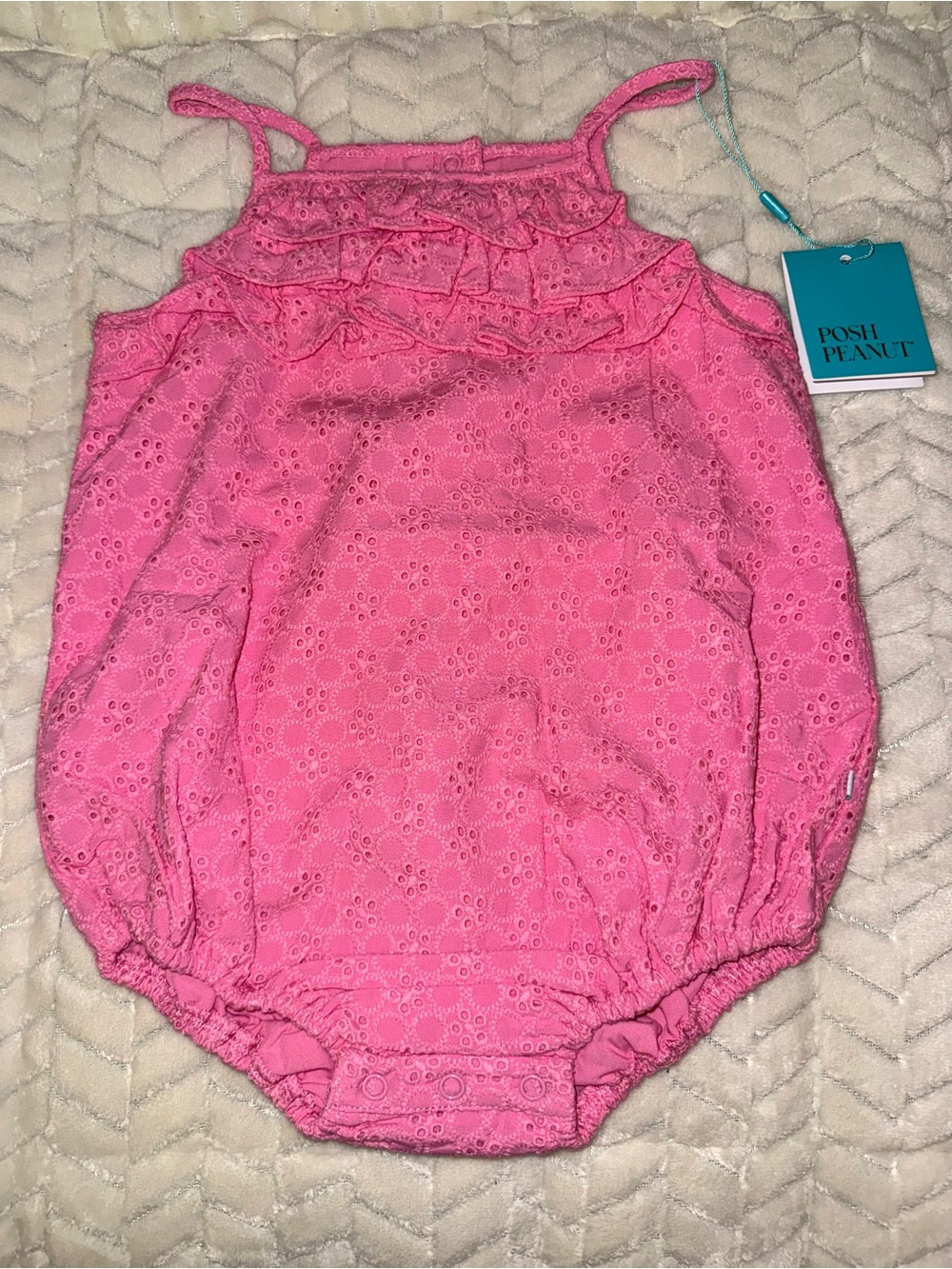 Posh Peanut pink eyelet ruffled bubble romper with snap closures, size 2T, NWT